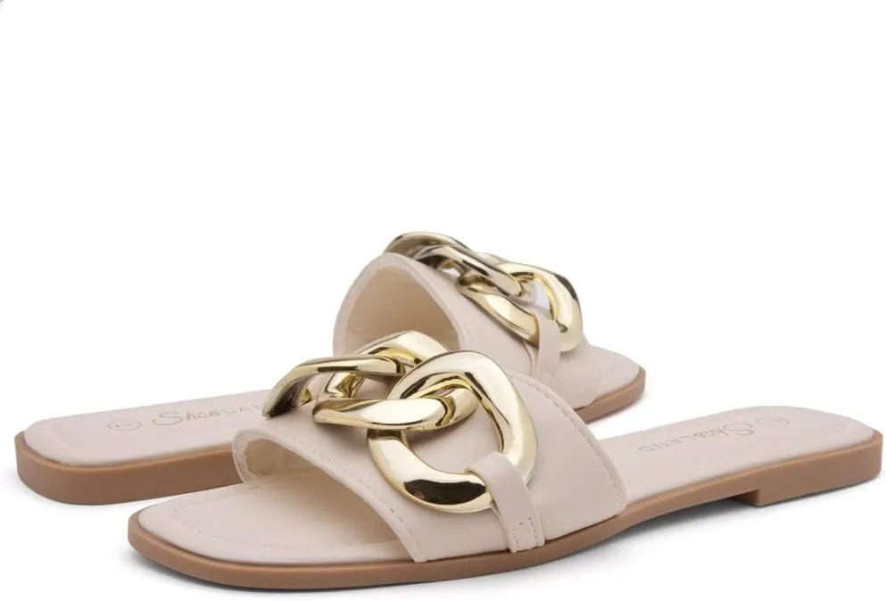 Shoe Land Women's Flat Sandals - Square Open Toe Single Band Fashion Slides with Metal Chain Dressy 2025 Trendy | Comfortable Slippers with Cushioned Footbed for Summer