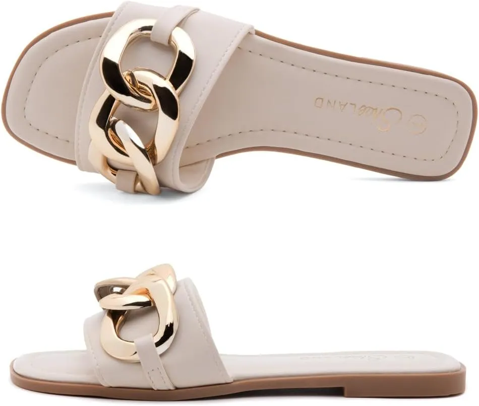 Shoe Land Women's Flat Sandals - Square Open Toe Single Band Fashion Slides with Metal Chain Dressy 2025 Trendy | Comfortable Slippers with Cushioned Footbed for Summer