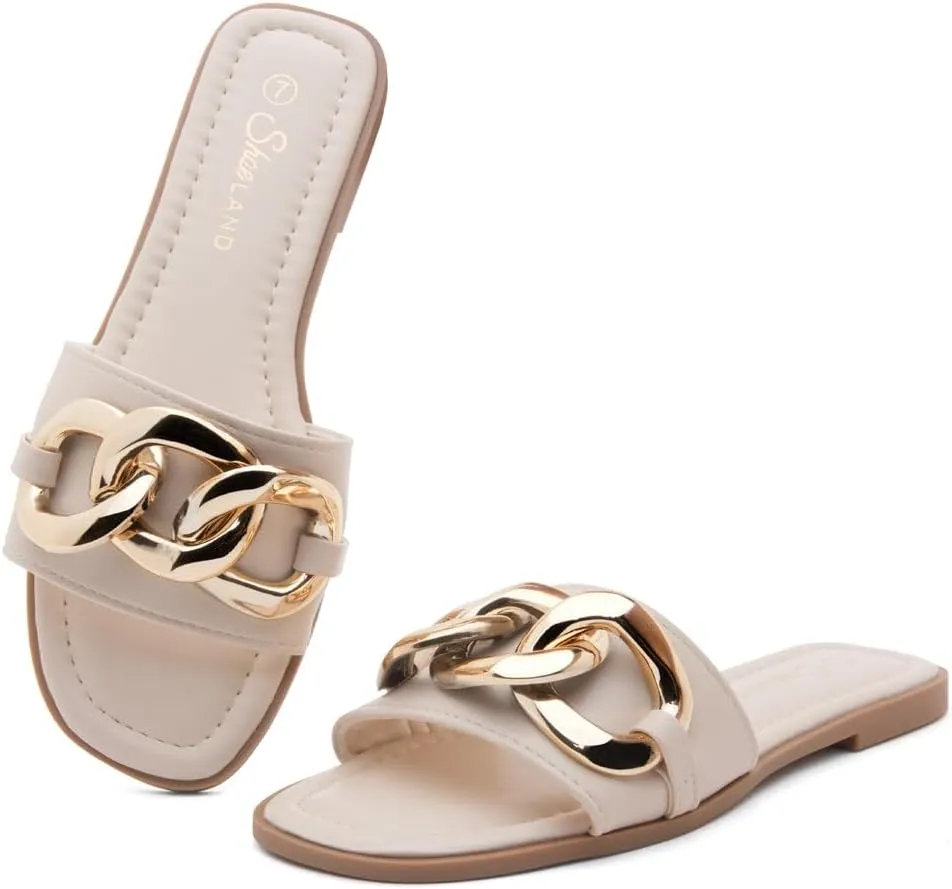 Shoe Land Women's Flat Sandals - Square Open Toe Single Band Fashion Slides with Metal Chain Dressy 2025 Trendy | Comfortable Slippers with Cushioned Footbed for Summer