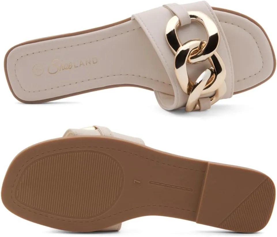Shoe Land Women's Flat Sandals - Square Open Toe Single Band Fashion Slides with Metal Chain Dressy 2025 Trendy | Comfortable Slippers with Cushioned Footbed for Summer