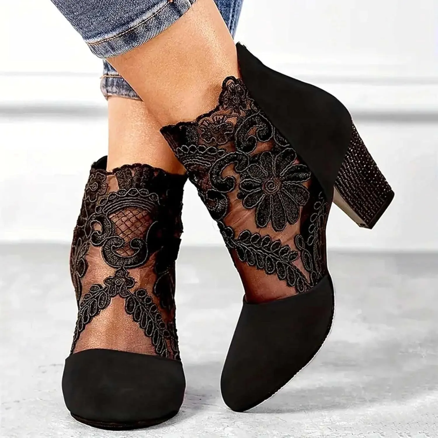 Shoes for Women Sandals, Womens Sandals Sexy Hollow Floral Lace Chunky High Heels Peep Toe Platform Boots