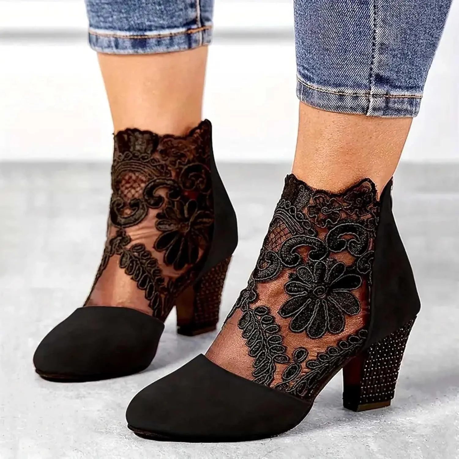 Shoes for Women Sandals, Womens Sandals Sexy Hollow Floral Lace Chunky High Heels Peep Toe Platform Boots