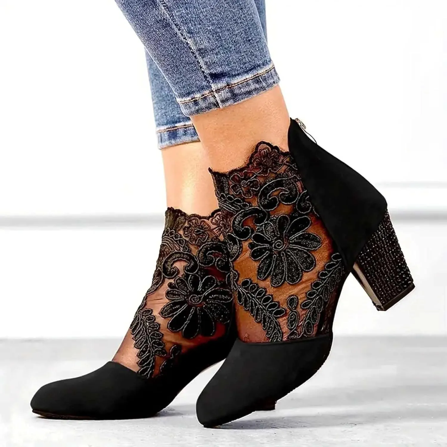 Shoes for Women Sandals, Womens Sandals Sexy Hollow Floral Lace Chunky High Heels Peep Toe Platform Boots