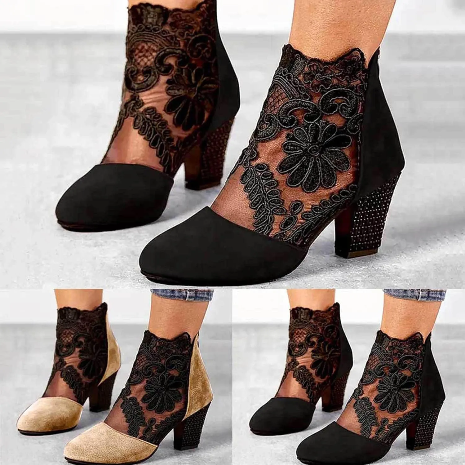 Shoes for Women Sandals, Womens Sandals Sexy Hollow Floral Lace Chunky High Heels Peep Toe Platform Boots