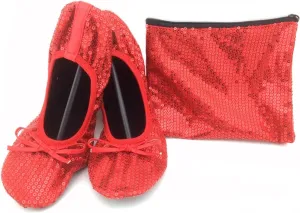 Shoes8teen Women's Foldable Sequins Ballet Flat Shoes w/Matching Carrying Case (11, Red Sequin SH18)