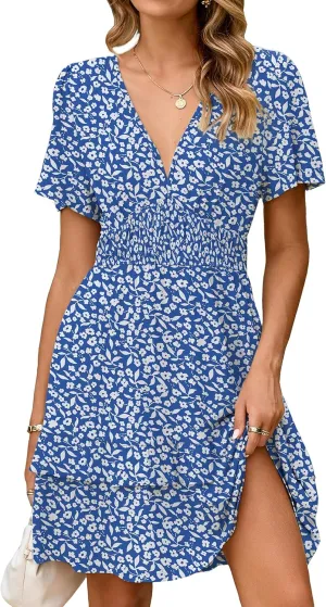 Simplee Womens Floral Mini Dress - Summer Casual Boho V Neck A-Line Empire Waist Vacation Beach Sundress