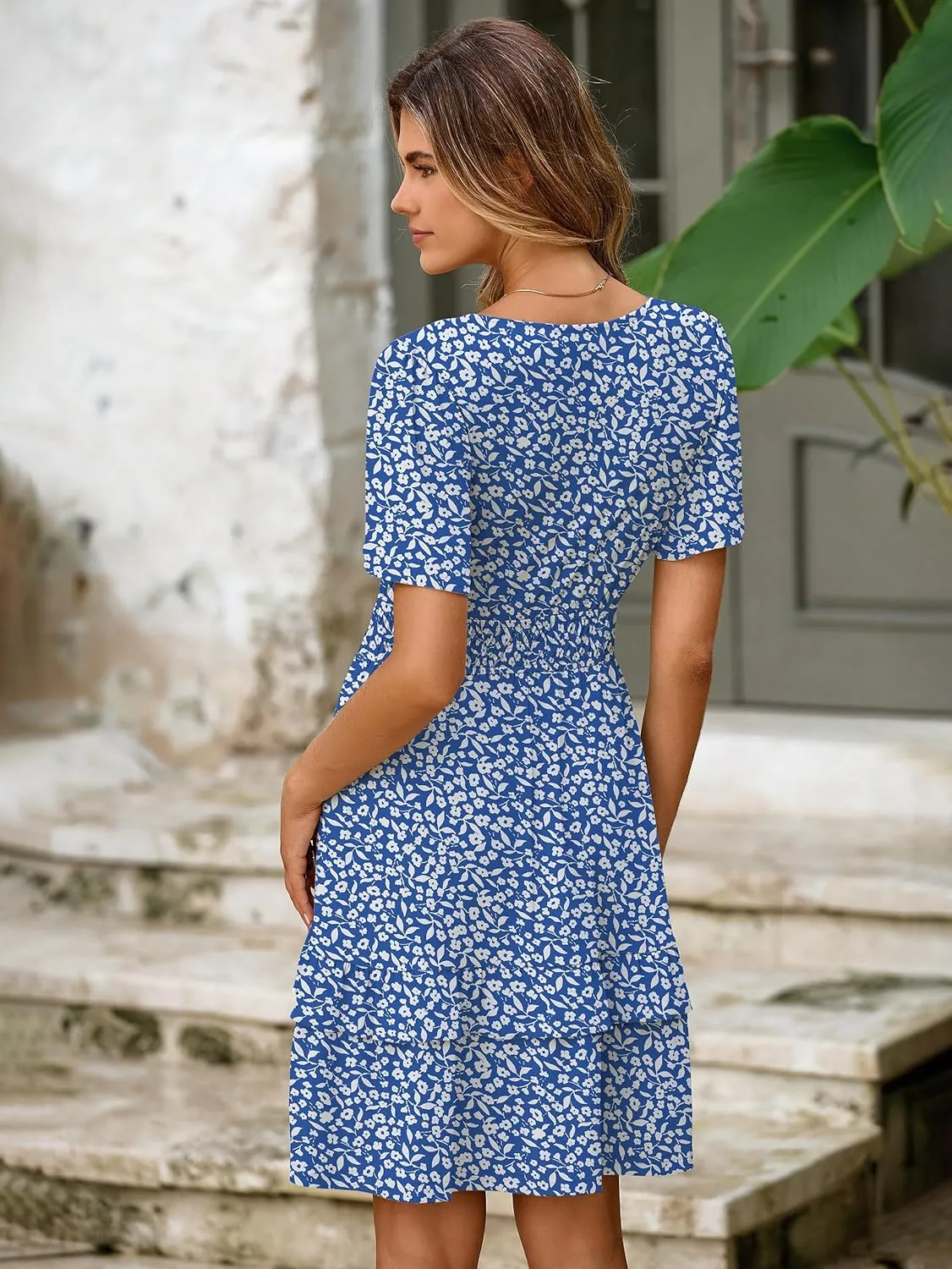 Simplee Womens Floral Mini Dress - Summer Casual Boho V Neck A-Line Empire Waist Vacation Beach Sundress