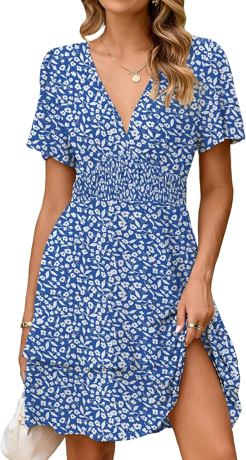 Simplee Womens Floral Mini Dress - Summer Casual Boho V Neck A-Line Empire Waist Vacation Beach Sundress