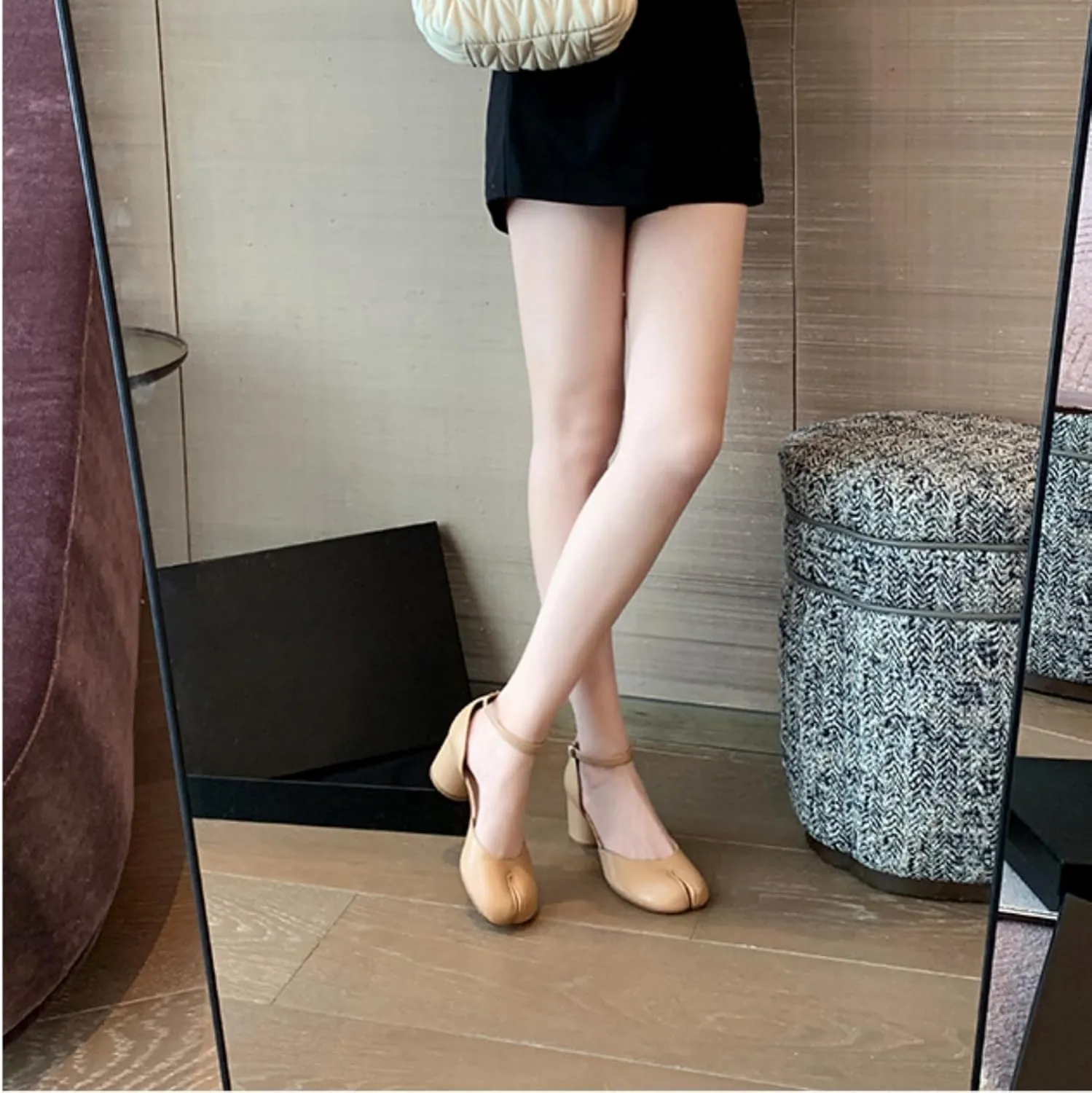 Split Toe Backless Heel for Women Cylindrical Block Heels Pumps Leather Slip On Low Heels Cute Casual Walking Loafers