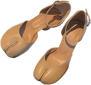 Split Toe Backless Heel for Women Cylindrical Block Heels Pumps Leather Slip On Low Heels Cute Casual Walking Loafers