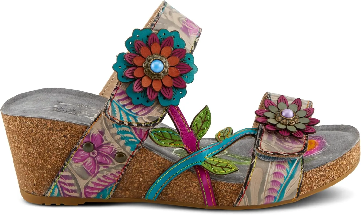 Spring Step L'Artiste Women's MOAI Hand-Painted Floral Asymmetrical Slide Sandals