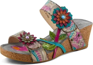 Spring Step L'Artiste Women's MOAI Hand-Painted Floral Asymmetrical Slide Sandals