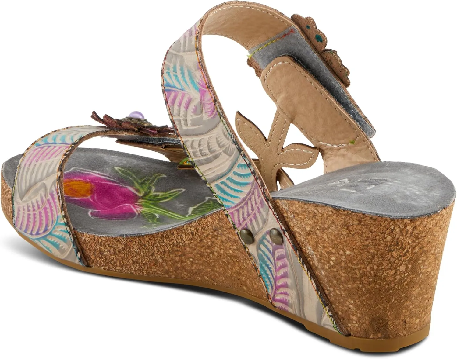 Spring Step L'Artiste Women's MOAI Hand-Painted Floral Asymmetrical Slide Sandals
