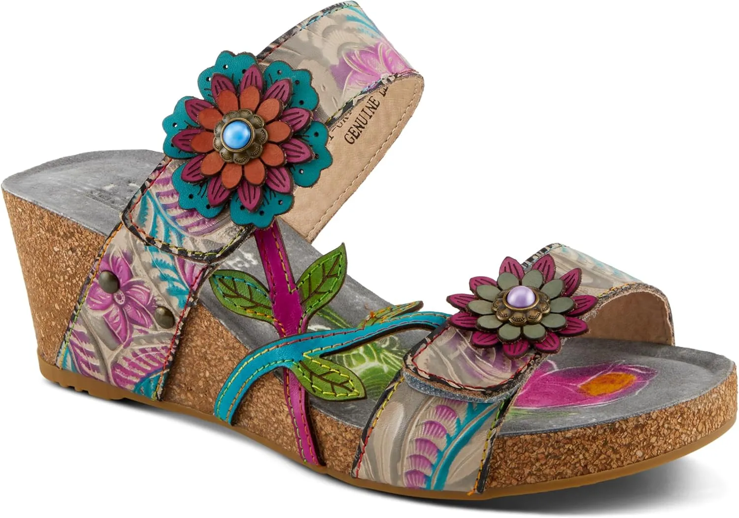 Spring Step L'Artiste Women's MOAI Hand-Painted Floral Asymmetrical Slide Sandals