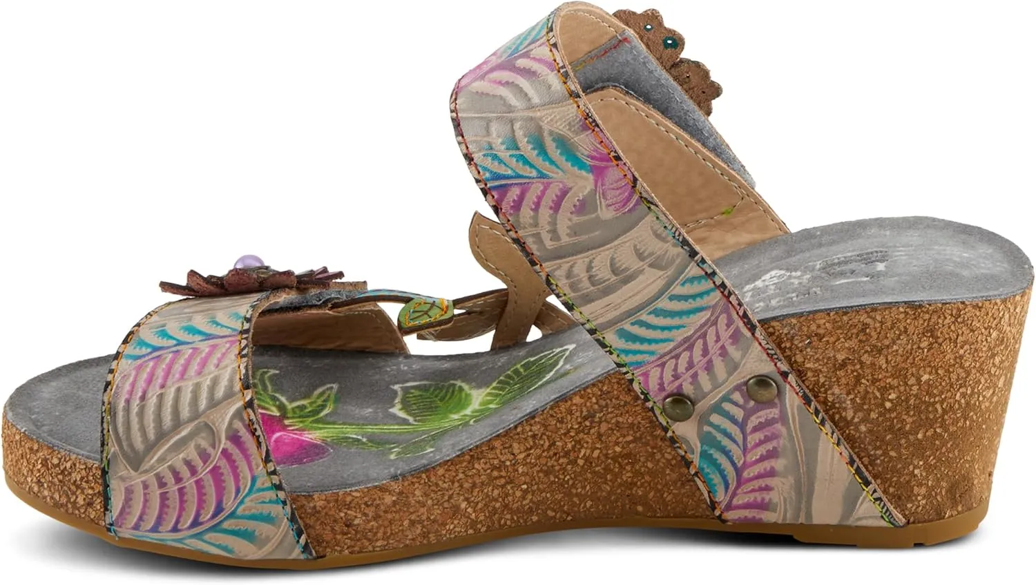 Spring Step L'Artiste Women's MOAI Hand-Painted Floral Asymmetrical Slide Sandals