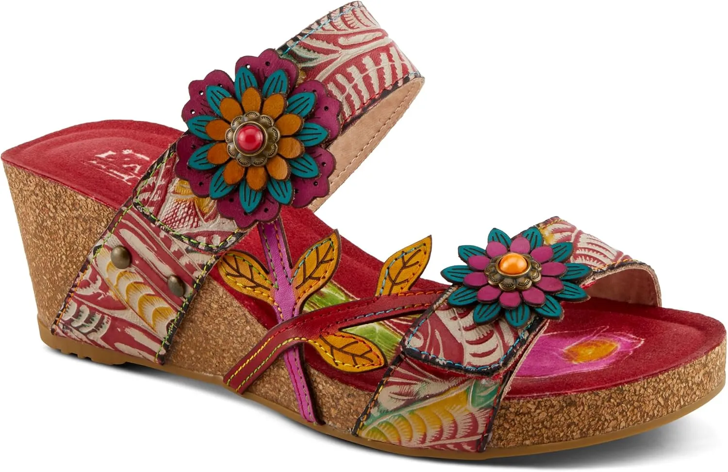 Spring Step L'Artiste Women's MOAI Hand-Painted Floral Asymmetrical Slide Sandals