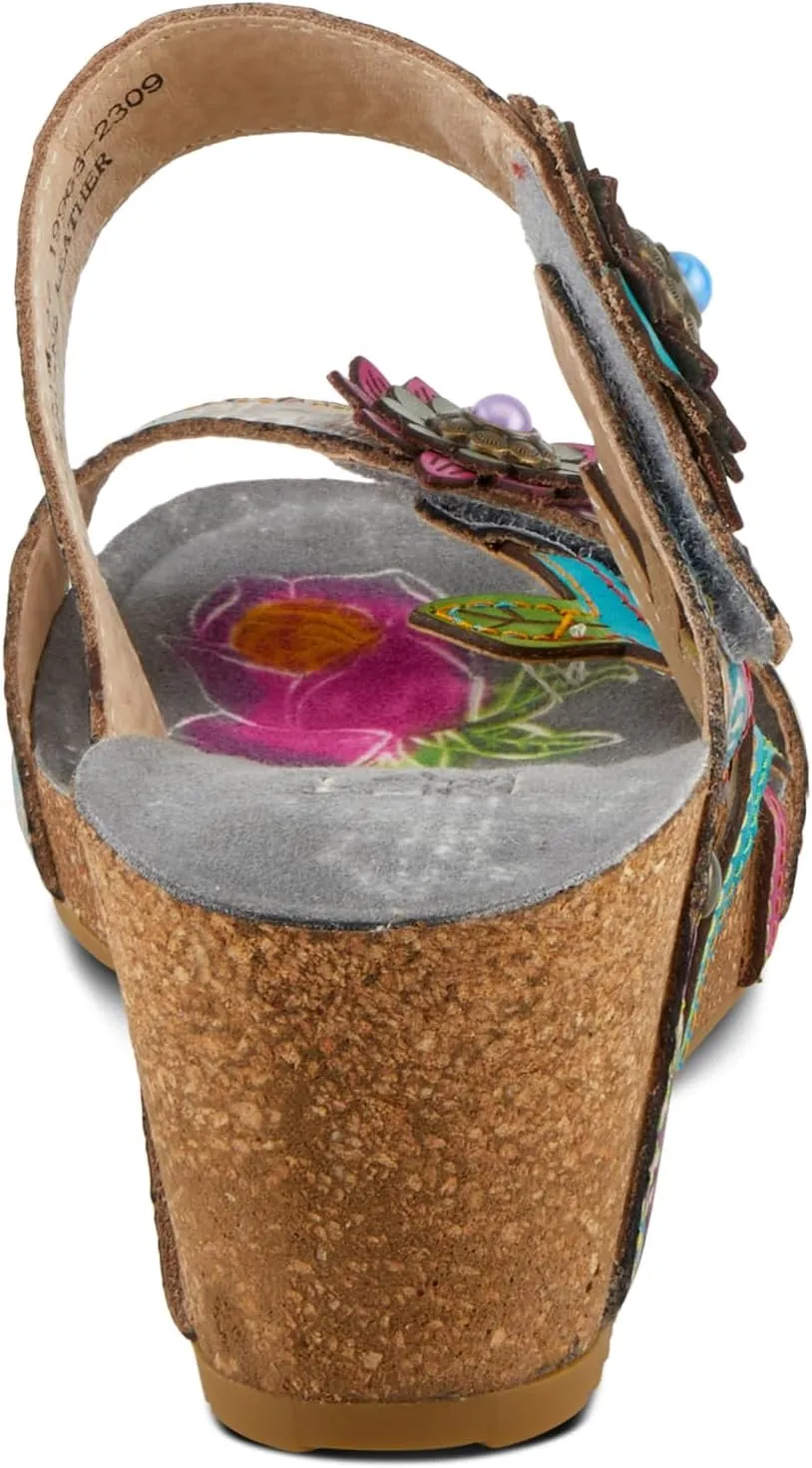 Spring Step L'Artiste Women's MOAI Hand-Painted Floral Asymmetrical Slide Sandals