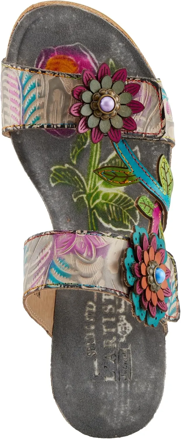 Spring Step L'Artiste Women's MOAI Hand-Painted Floral Asymmetrical Slide Sandals