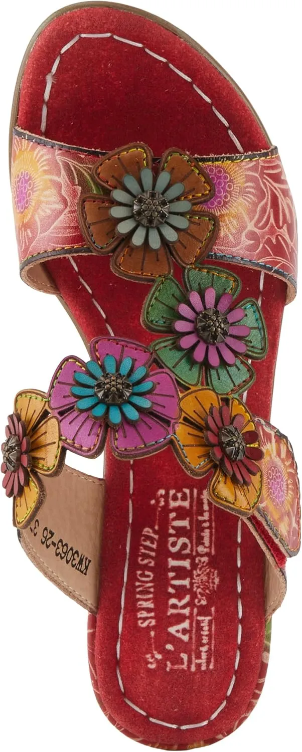 Spring Step L'Artiste Women's SUMMERFUN Hand-Painted Sandals - Leather Wrapped Heel, Asymmetrical Flower Design