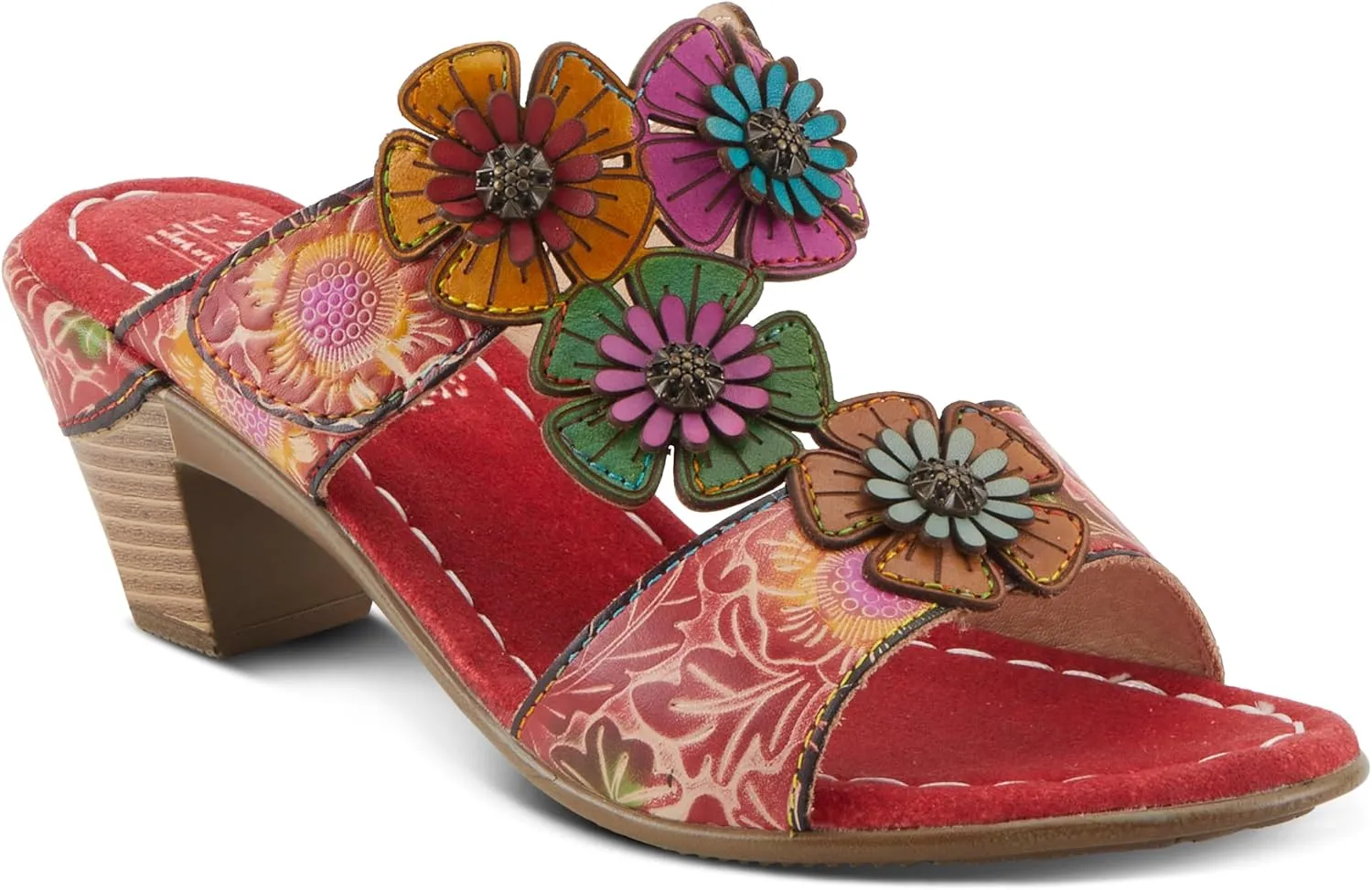 Spring Step L'Artiste Women's SUMMERFUN Hand-Painted Sandals - Leather Wrapped Heel, Asymmetrical Flower Design