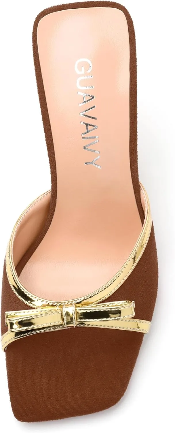 Square Toe Stilettos - Slip-On Heeled Sandals with Bow Accent, Dressy Work to Party Shoes for Women, Daily Occasion High Heels