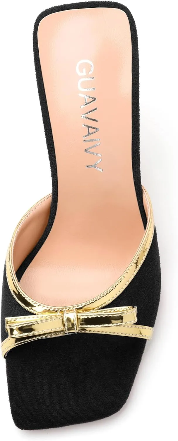 Square Toe Stilettos - Slip-On Heeled Sandals with Bow Accent, Dressy Work to Party Shoes for Women, Daily Occasion High Heels