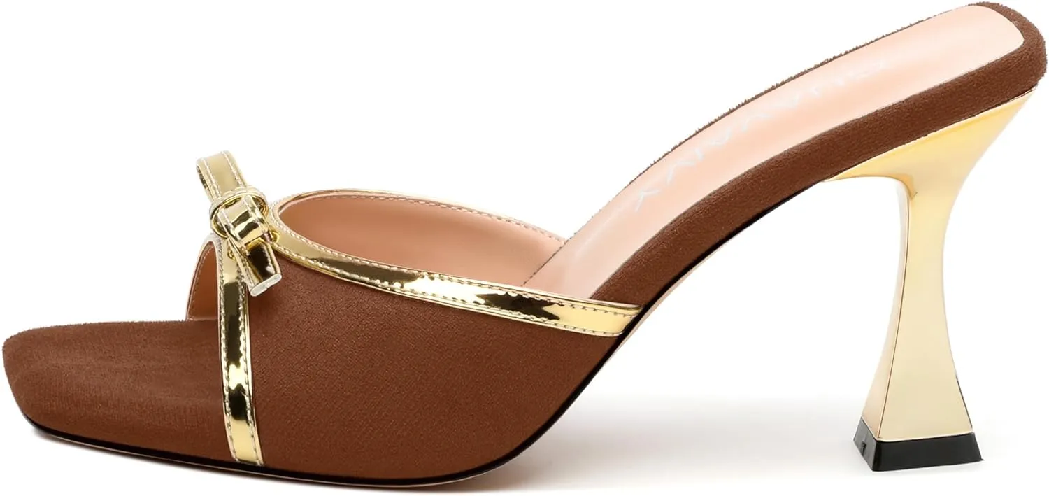 Square Toe Stilettos - Slip-On Heeled Sandals with Bow Accent, Dressy Work to Party Shoes for Women, Daily Occasion High Heels