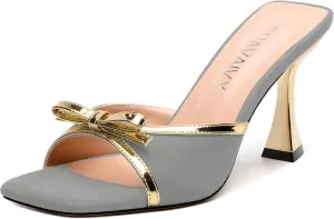 Square Toe Stilettos - Slip-On Heeled Sandals with Bow Accent, Dressy Work to Party Shoes for Women, Daily Occasion High Heels