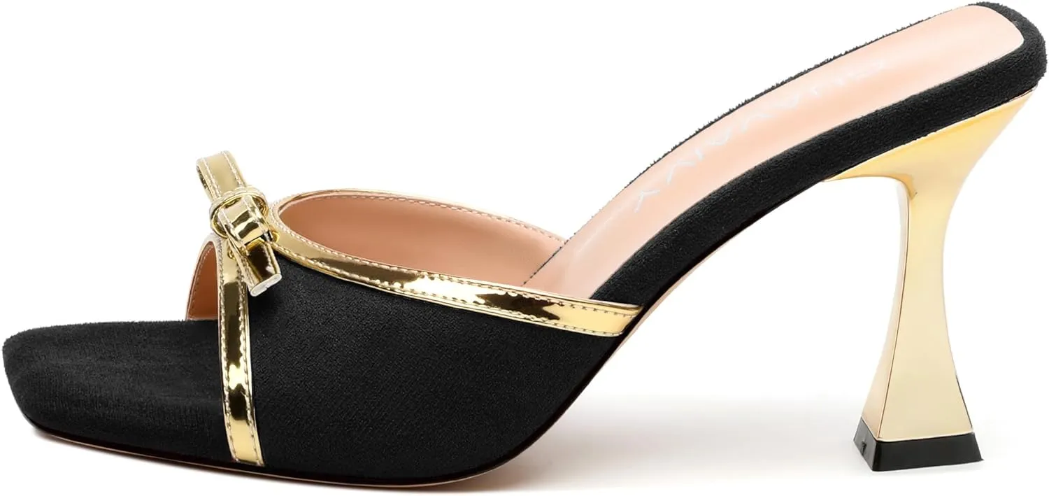 Square Toe Stilettos - Slip-On Heeled Sandals with Bow Accent, Dressy Work to Party Shoes for Women, Daily Occasion High Heels