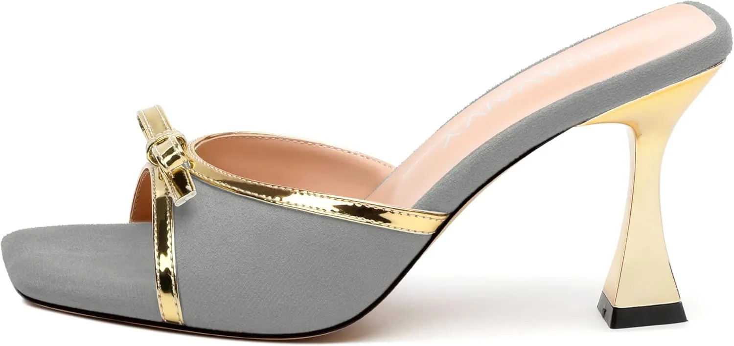 Square Toe Stilettos - Slip-On Heeled Sandals with Bow Accent, Dressy Work to Party Shoes for Women, Daily Occasion High Heels