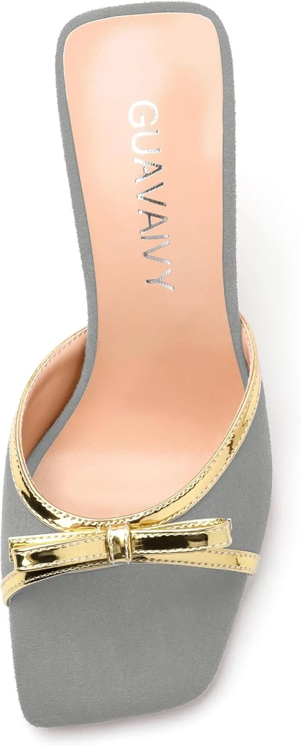 Square Toe Stilettos - Slip-On Heeled Sandals with Bow Accent, Dressy Work to Party Shoes for Women, Daily Occasion High Heels