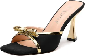 Square Toe Stilettos - Slip-On Heeled Sandals with Bow Accent, Dressy Work to Party Shoes for Women, Daily Occasion High Heels