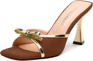 Square Toe Stilettos - Slip-On Heeled Sandals with Bow Accent, Dressy Work to Party Shoes for Women, Daily Occasion High Heels