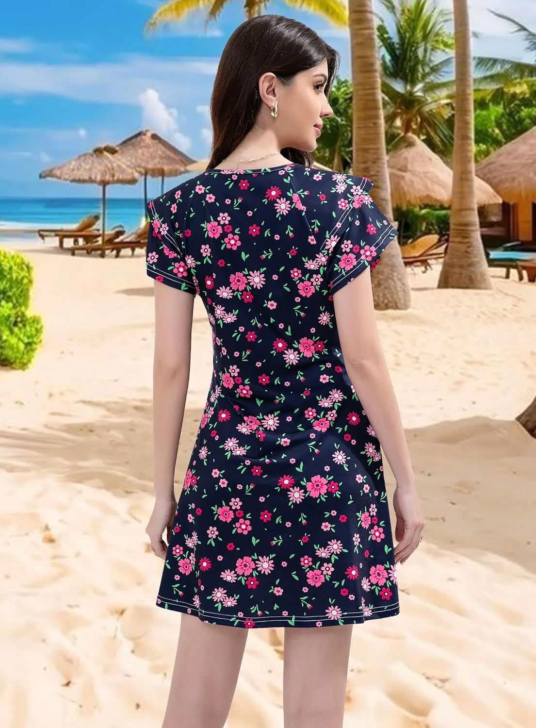 Summer Dresses for Women 2025 Casual Ruffle Sleeves Mini Dress Sundresses Floral Boho Beach Dresses with Pockets