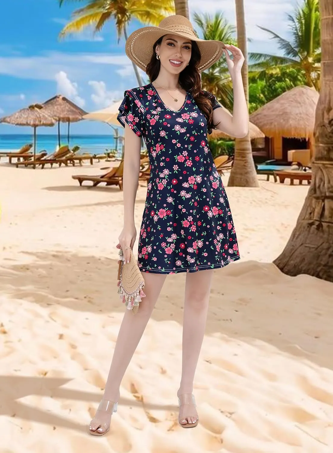 Summer Dresses for Women 2025 Casual Ruffle Sleeves Mini Dress Sundresses Floral Boho Beach Dresses with Pockets