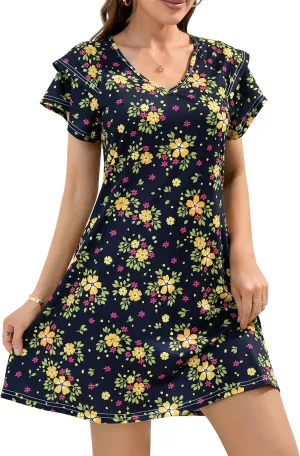 Summer Dresses for Women 2025 Casual Ruffle Sleeves Mini Dress Sundresses Floral Boho Beach Dresses with Pockets