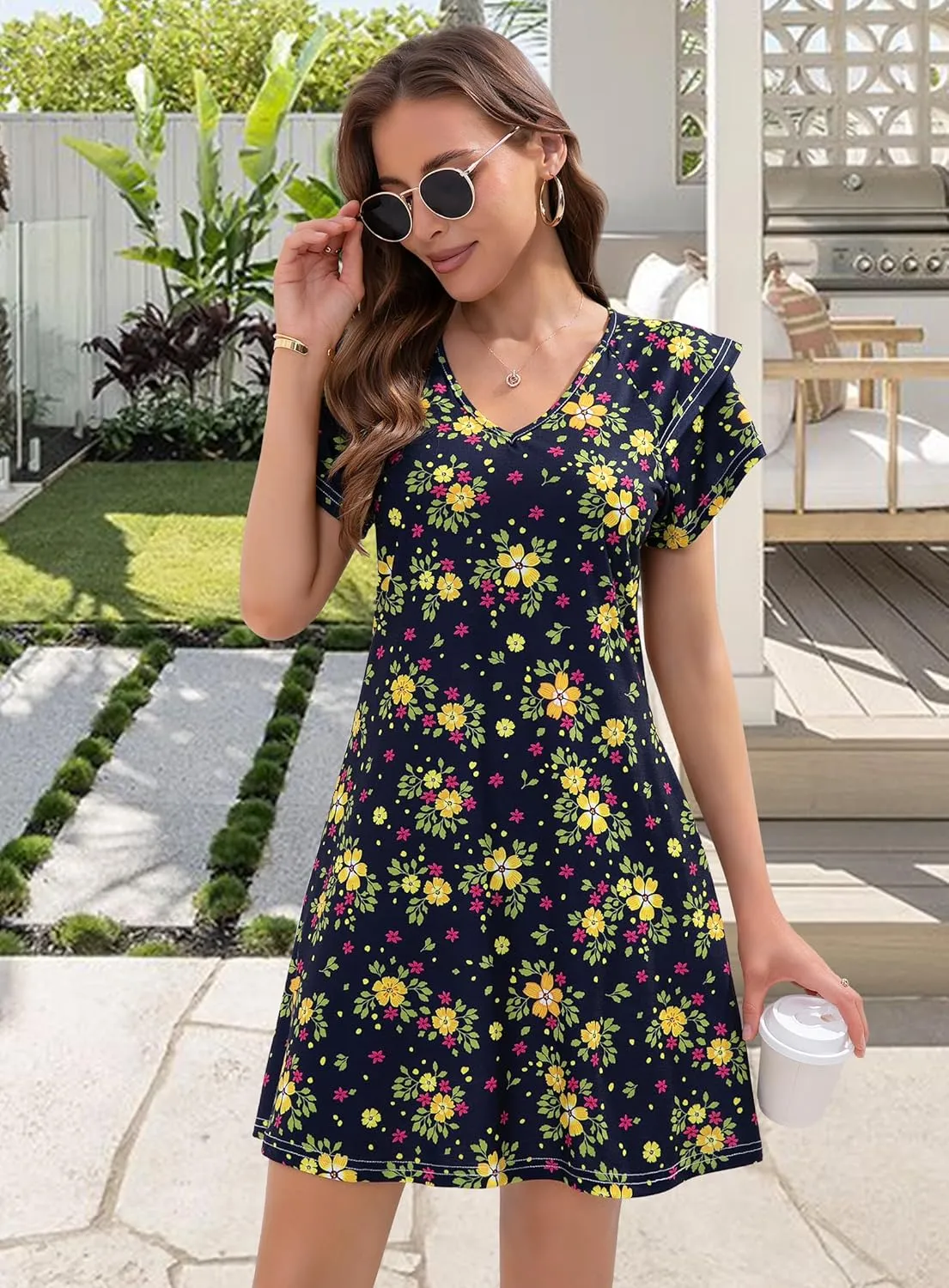 Summer Dresses for Women 2025 Casual Ruffle Sleeves Mini Dress Sundresses Floral Boho Beach Dresses with Pockets