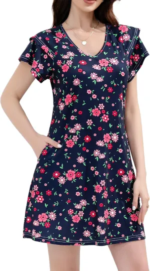 Summer Dresses for Women 2025 Casual Ruffle Sleeves Mini Dress Sundresses Floral Boho Beach Dresses with Pockets