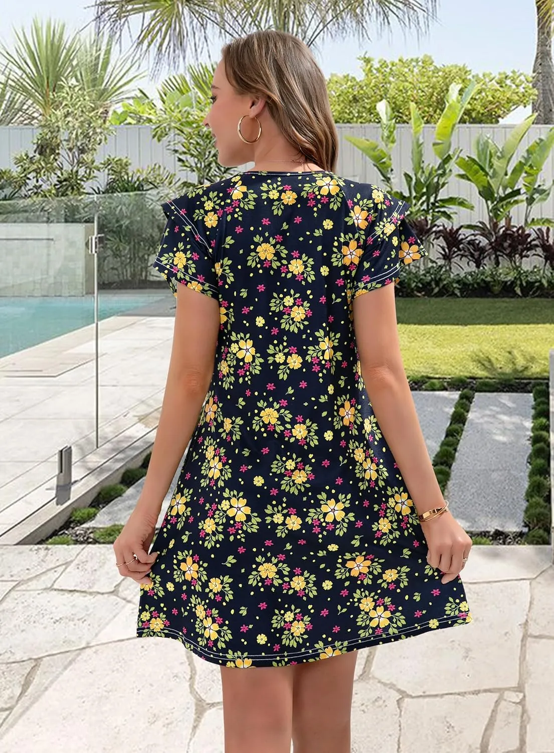Summer Dresses for Women 2025 Casual Ruffle Sleeves Mini Dress Sundresses Floral Boho Beach Dresses with Pockets