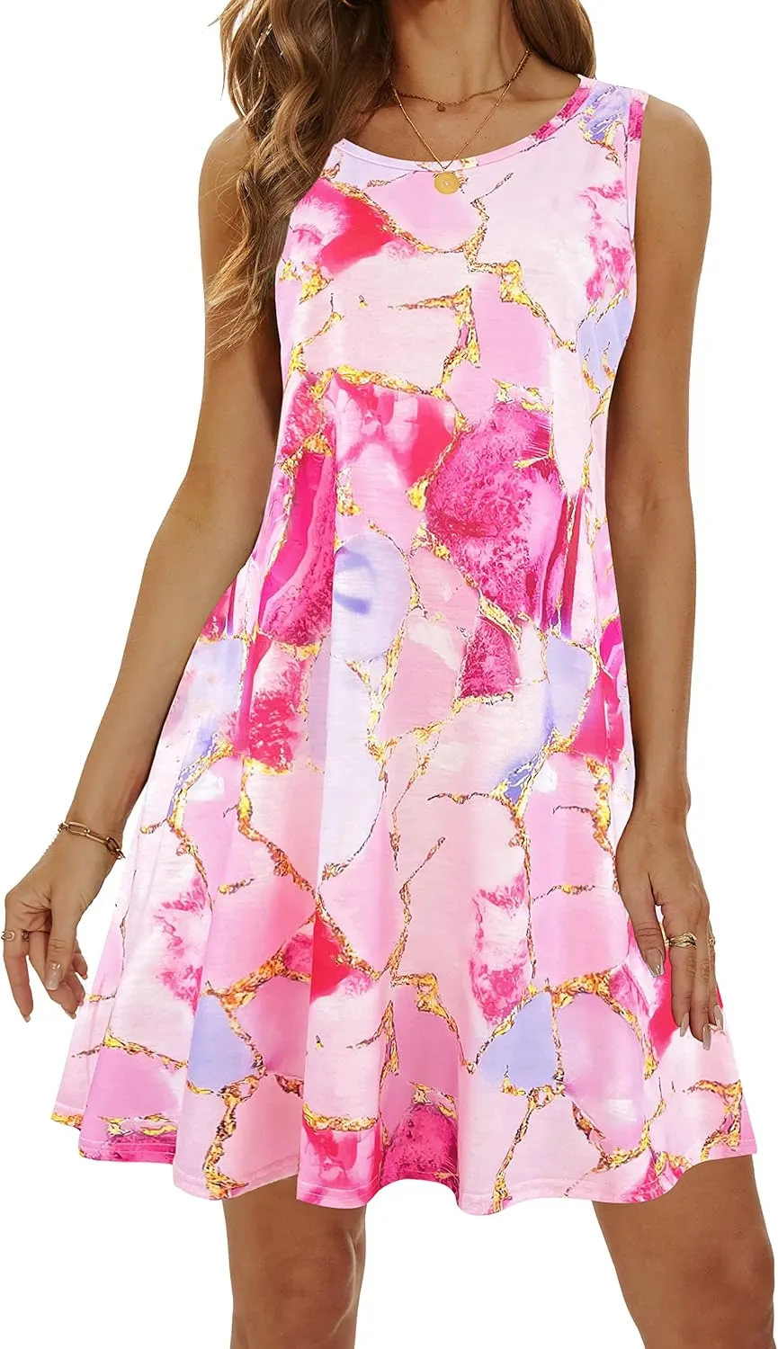 Summer Dresses for Women 2025 Casual Sundresses Beach Cover Ups Sleeveless Tshirt Swing Dress with Pockets