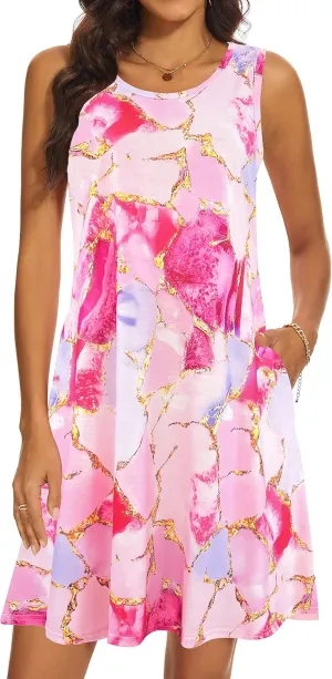 Summer Dresses for Women 2025 Casual Sundresses Beach Cover Ups Sleeveless Tshirt Swing Dress with Pockets