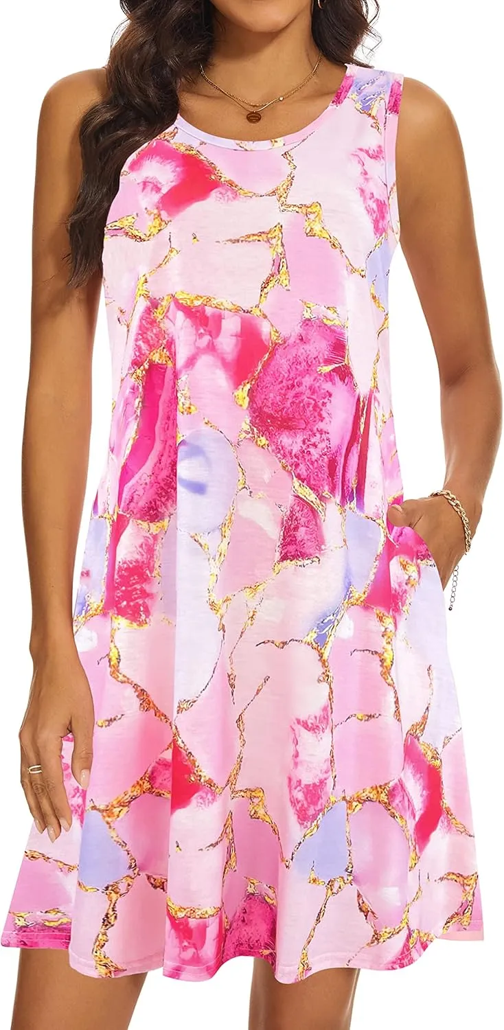 Summer Dresses for Women 2025 Casual Sundresses Beach Cover Ups Sleeveless Tshirt Swing Dress with Pockets