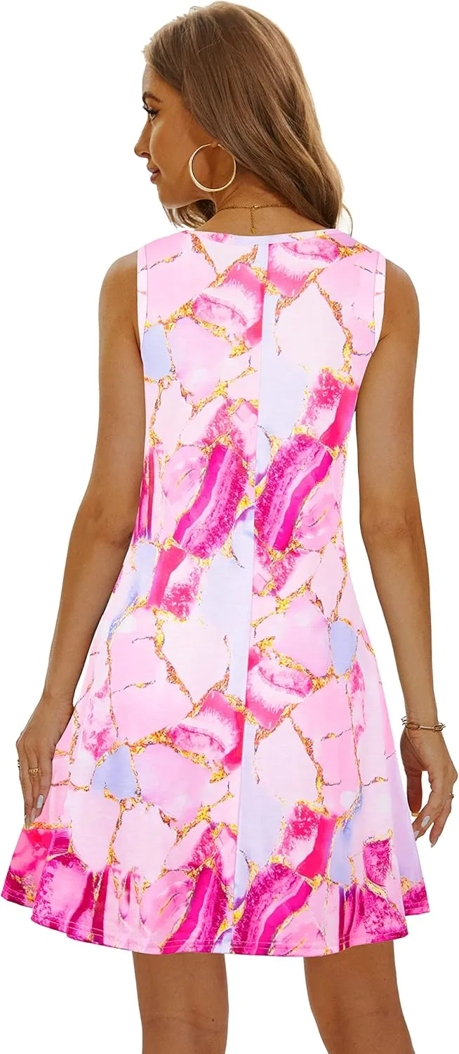 Summer Dresses for Women 2025 Casual Sundresses Beach Cover Ups Sleeveless Tshirt Swing Dress with Pockets