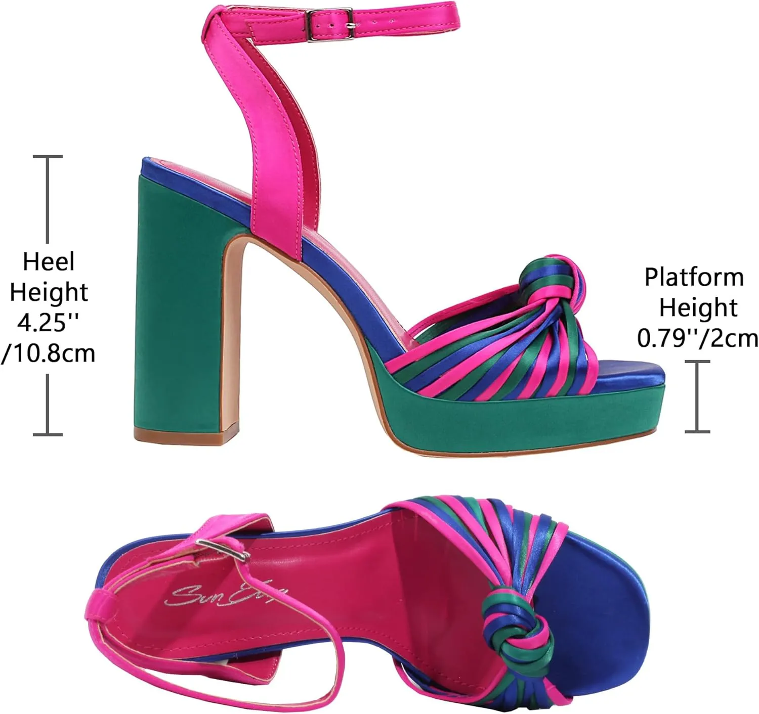 sun gurg Strappy Platform Heels for Women Square Open Toe Chunky High Heels Multicolored Ankle Strap Block Heeled Sandals for Prom Wedding Date Night