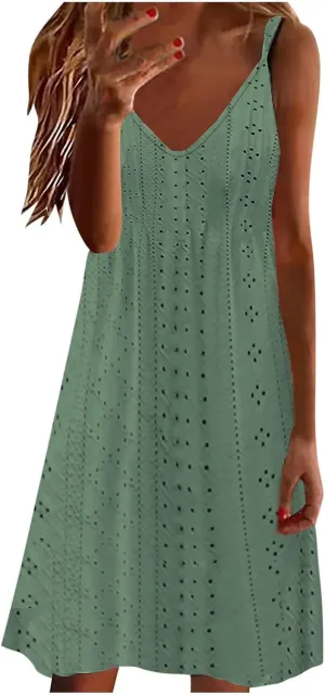 Sundresses for Women 2025 Beach Vacation Lace Eyelet V Neck Mini Dress Sexy Spaghetti Strap Summer Flowy Beach Outfit