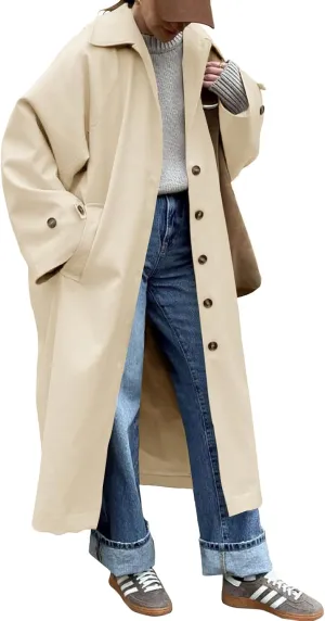 Tankaneo Womens Long Trench Coat Single Breasted Oversized Windproof Classic Lapel Fall Overcoat