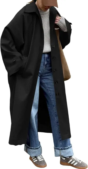 Tankaneo Womens Long Trench Coat Single Breasted Oversized Windproof Classic Lapel Fall Overcoat