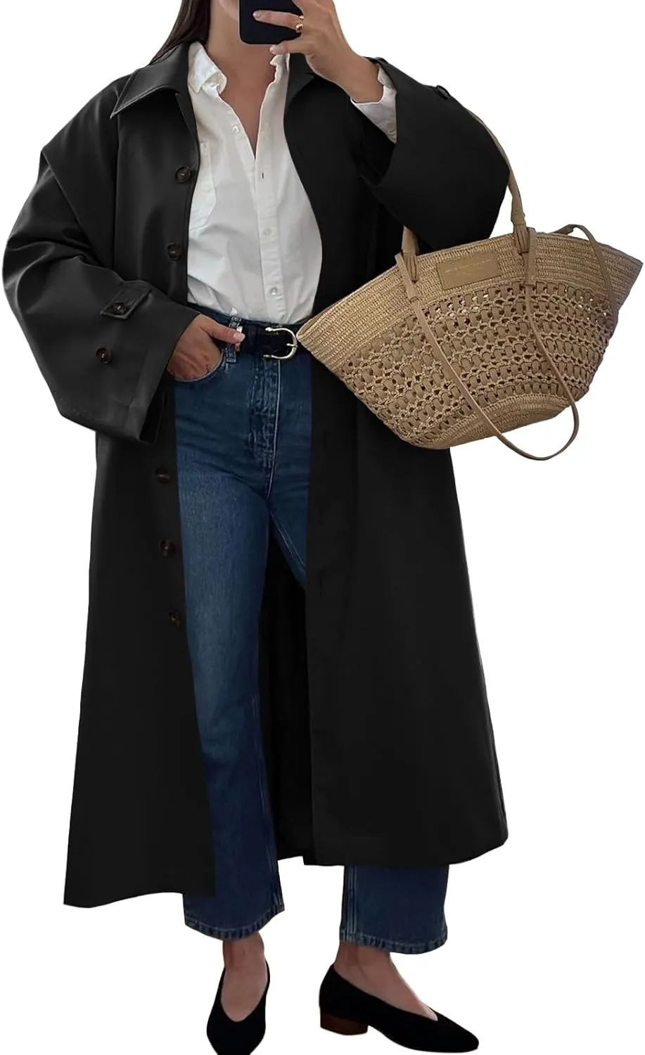 Tankaneo Womens Long Trench Coat Single Breasted Oversized Windproof Classic Lapel Fall Overcoat