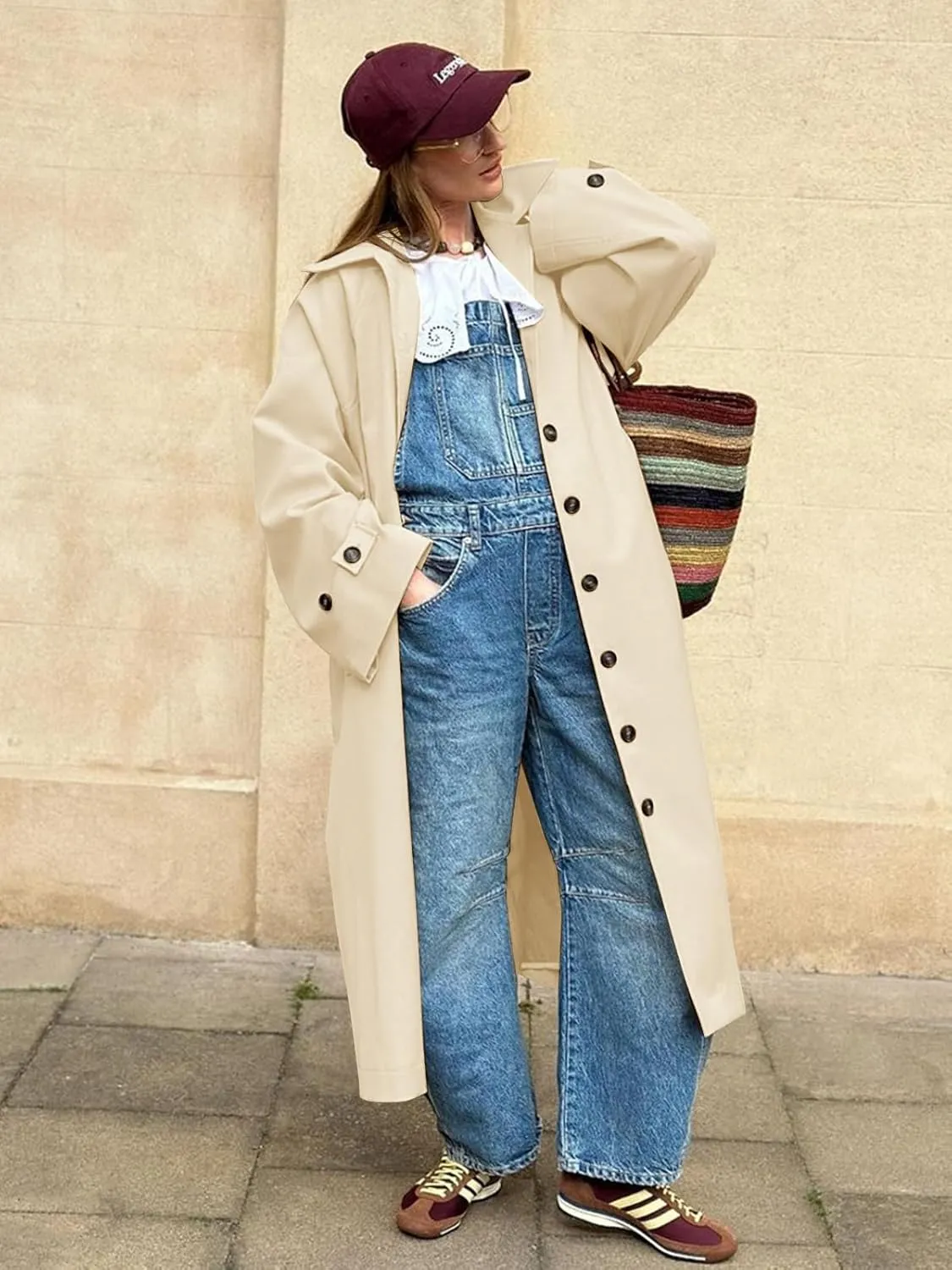 Tankaneo Womens Long Trench Coat Single Breasted Oversized Windproof Classic Lapel Fall Overcoat