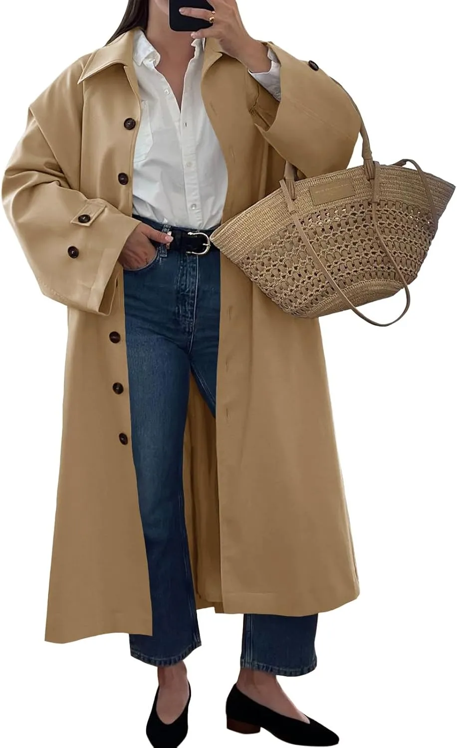 Tankaneo Womens Long Trench Coat Single Breasted Oversized Windproof Classic Lapel Fall Overcoat